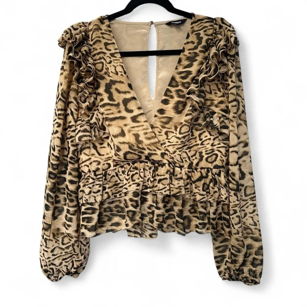 Express Leopard Print Ruffle V-Neck Peplum Blouse - Brown - Picture 1 of 7